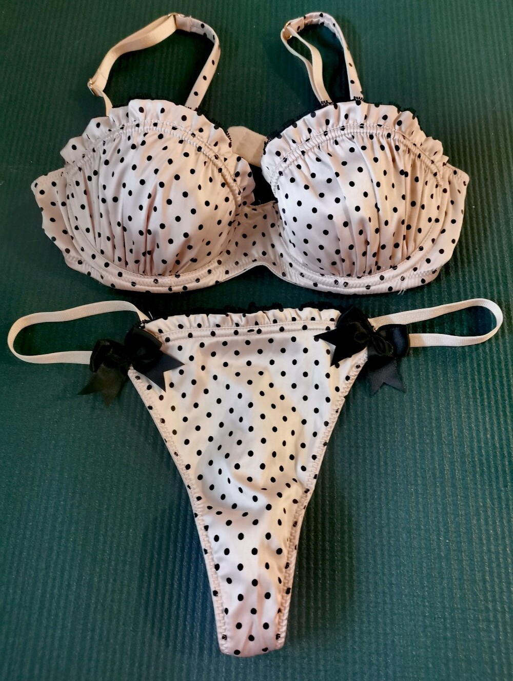Brand New/Unworn Lasenza Lo Rise Polka Dot Thong & Bra Set with Ruffle Trim Gold
